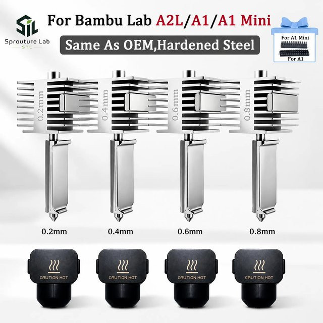 Bambu Lab Hotend-Kit mit einteiliger Düse aus gehärtetem Stahl für A1, A1 Mini und A2L 3D-Drucker, erhältlich in 0,2 mm, 0,4 mm, 0,6 mm und 0,8 mm - Bild 1