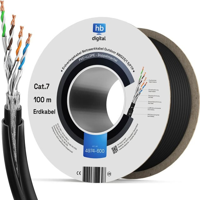 hb-digital CAT 7 Erdverlegekabel S/FTP Doppelmantel für Außenbereich, 100 m, Schwarz - Bild 1