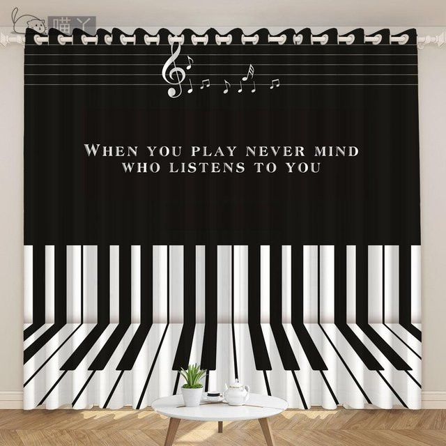 Semitransparente Vorhänge mit Musikinstrumenten Design in Schwarz, Polyester, Höhe: 130 cm, Breite: 100 cm - Bild 1