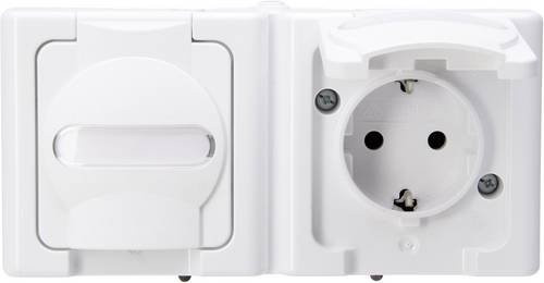 Kopp BlueElectric 2fach Feuchtraum-Schalterprogramm mit Schutzkontakt-Steckdose und Klappdeckel in Arktis-Weiß IP44 Aufputz-Kombination - Bild 1