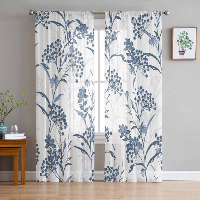 Binchi Outdoor Equipment Transparente Tüll-Vorhänge mit Pflanzenstruktur und Blumenmuster in Blau, Breite: 135 cm, Höhe: 137 cm - Bild 1