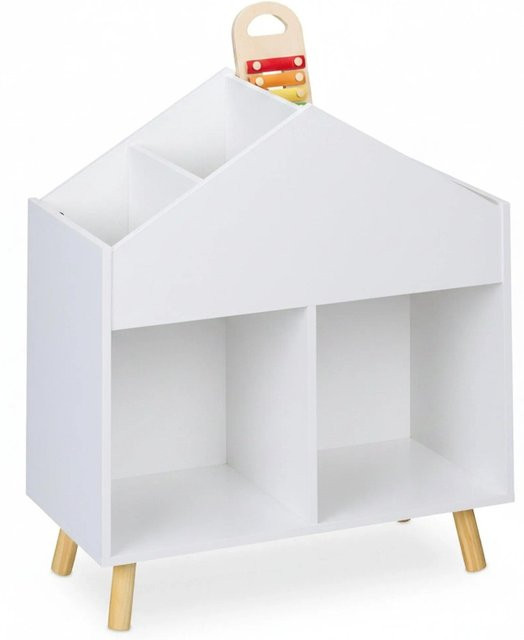 Relaxdays Kinderregal Haus aus Kiefernholz in Weiß und Natur, B/H/T: 60 x 67 x 30 cm - Bild 1