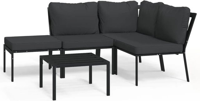 vidaXL 5-tlg Garten-Lounge-Set in L-Form mit grauen Polsterkissen aus Stoff und pulverbeschichtetem Stahlrahmen in Schwarz - Bild 1