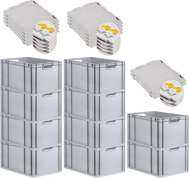 PROREGAL SuperSparSet 10x Eurobox NextGen Grip mit Scharnierdeckel und gelben Schiebeschnappverschlüssen, Grau, H: 32 cm, B: 40 cm, T: 60 cm - Bild 1