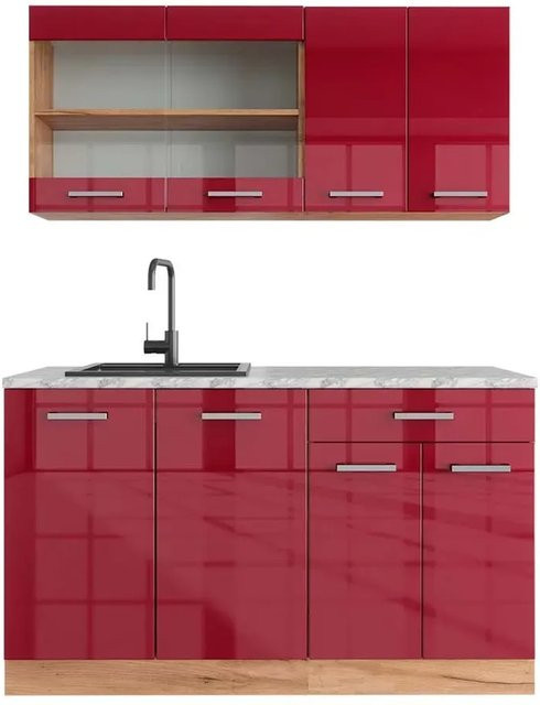 Vicco R-Line Singleküche Bordeaux Hochglanz und Goldkraft Eiche mit Marmor-Arbeitsplatte, Breite: 140 cm - Bild 1
