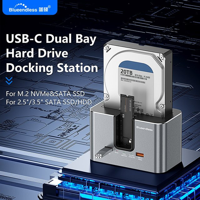 Blueendless SSD HDD Dockingstation in Silber mit USB 3.2 Hub für M.2 NVMe, M.2 SATA sowie 2,5 und 3,5 Zoll SATA Festplatten und USB-C Anschluss - Bild 1