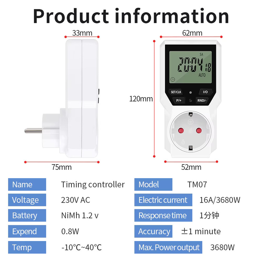 JUANJUAN Digitaler Timer-Schalter in Weiß, programmierbare elektronische Timer-Steckdose mit Countdown und Mikrosyklus-Zeitsteuerung, EU-Stecker, 230 V/16 A - Bild 5
