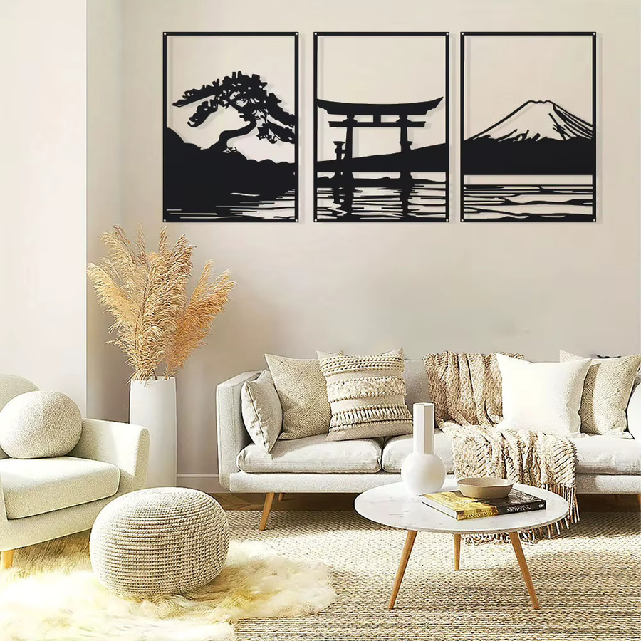 DDPNKL 3-teiliges Wandbild Set aus Metall in Schwarz-Weiß mit minimalistischen Silhouetten von Serene-Bonsai, Torii-Tor und Mt. Fuji - Bild 4