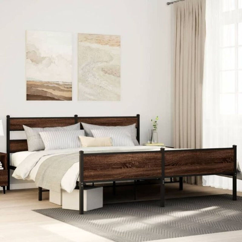 Metallbett Vidaxl in Braun mit Eichen-Optik im Industrial-Stil, B/T: 180 x 200 cm - Bild 1