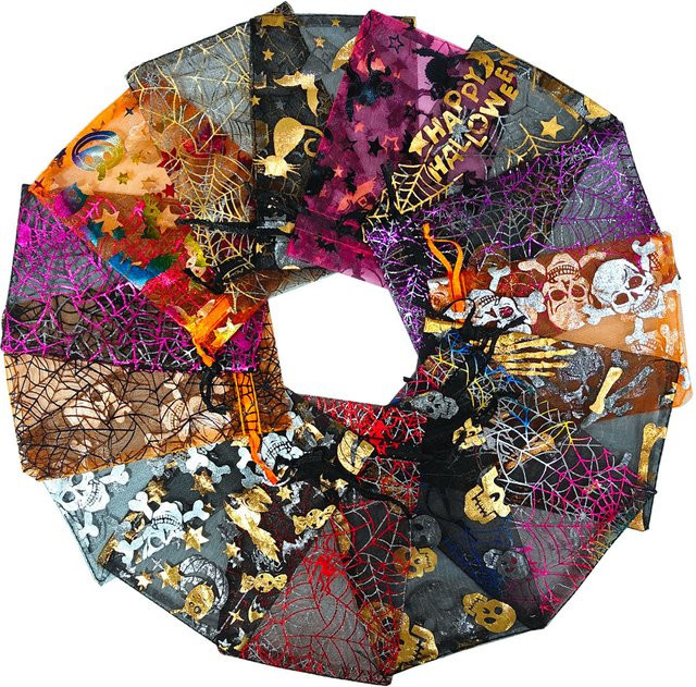 Bunte Halloween Organza Geschenkbeutel mit Schädel und Spinnennetz-Aufdruck als Kordelzug-Verpackung für Süßigkeiten in Mehrfarben - Bild 1