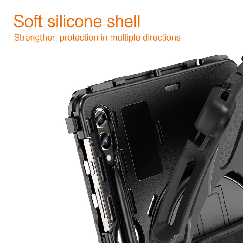 Robuste und stoßfeste Silikonhülle mit Kickstand für Samsung Galaxy Tab A9 Plus, S9 FE, S7, S8, S9, S10 FE Plus Ultra in Schwarz - Bild 4