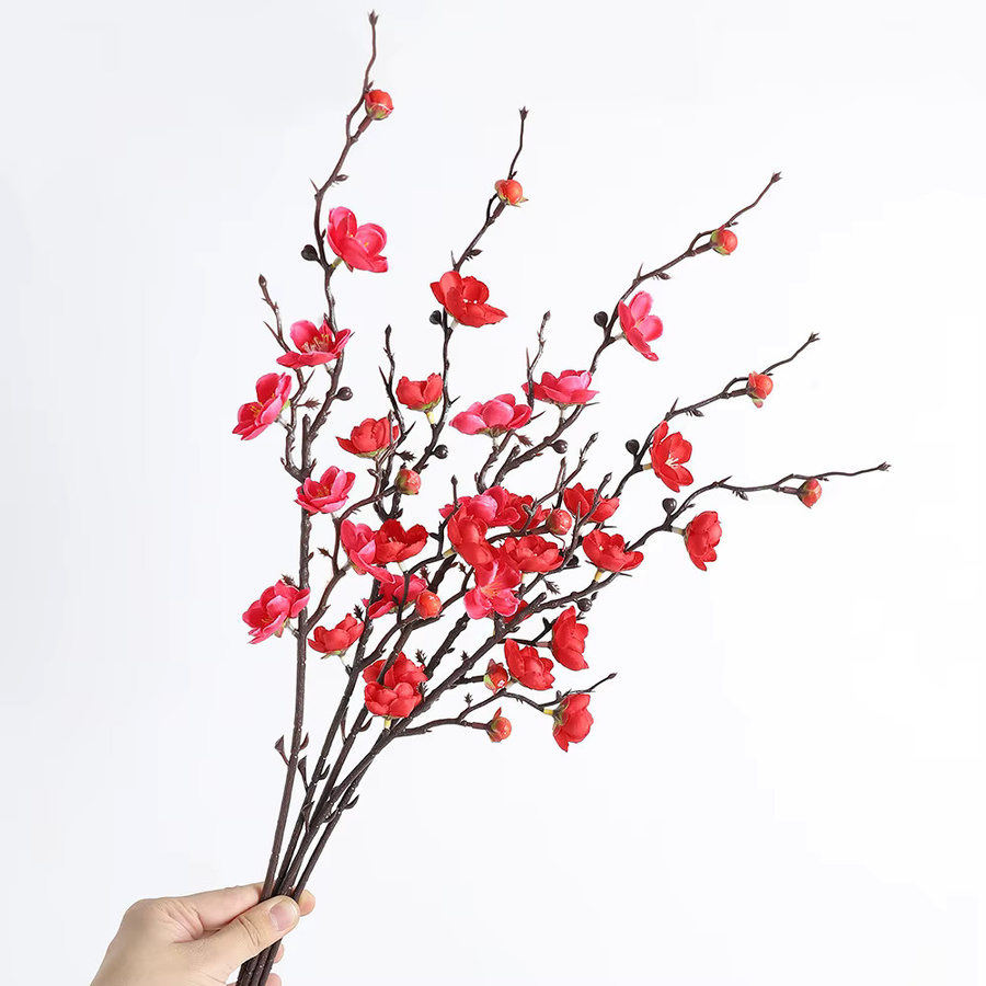 HUAYUXIANG Pfirsichblüten-Kunstblumenstrauß in Gelb und Rot, 3 Stück, Textil-Dekofloral für Tischdekoration und Hochzeiten, Höhe: 39 cm - Bild 1