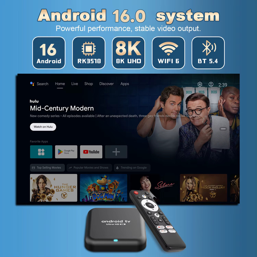 Android 16 TV-Box Q18 mit RK 3518 Prozessor, 8K Auflösung, WiFi 6, Bluetooth 5.4, HDR10+, Media Player für Netflix und YouTube in Schwarz - Bild 2