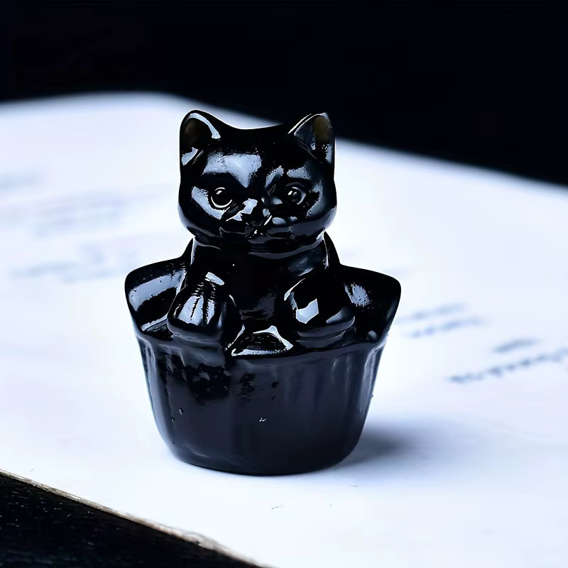 Kristallgeschnitzte Katze aus Labradorit als dekorative Tierstatue und Worry Stone - Bild 2