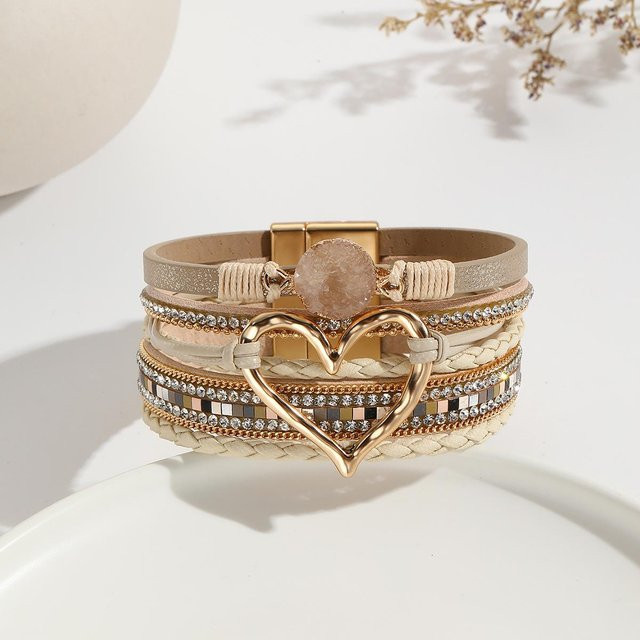 Wickelarmband Leder, Metall-Liebesherz-Anhänger, Kristall, Gold, Damen - Bild 1