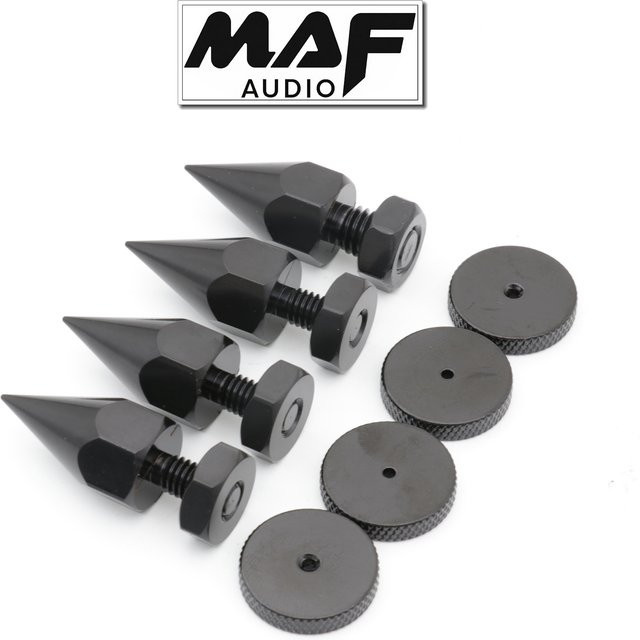 GD-PARTS Set aus 4 Lautsprecher-Isolationsfügeln in Schwarz, Spike-Kegel-Basis für Subwoofer, TV, Monitor und PC zur Schockabsorption, M6 M8 M10 - Bild 1