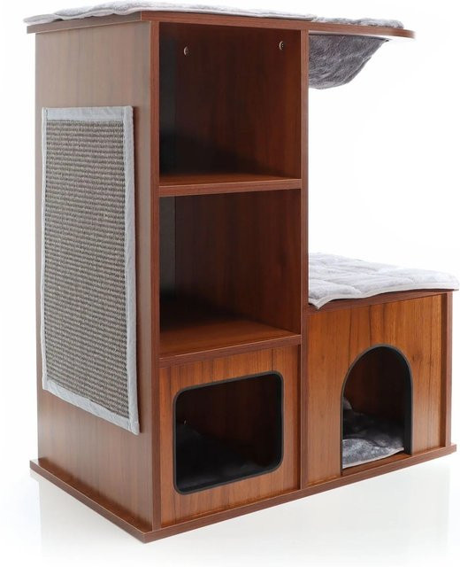 Fudajo Kratzbaum aus Holz mit Katzenhaus und Sisal in Bronzebraun, Höhe: 80,5 cm - Bild 1