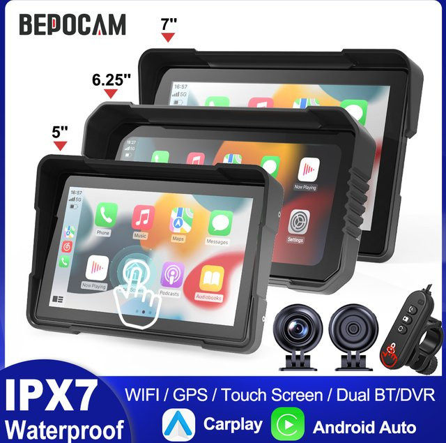 BEPOCAM Digitaler Motorrad-Monitor mit GPS-Navigation, CarPlay und Android Auto, Wasserdichter Touchscreen, Schwarz - Bild 1