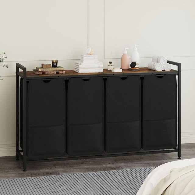 HiMISS Wäschekorb mit 4 Fächern und Ablage, Schmutzwäschekorb-Organizer mit 4 herausnehmbaren Taschen für Bad und Schlafzimmer, Braun und Schwarz - Bild 1