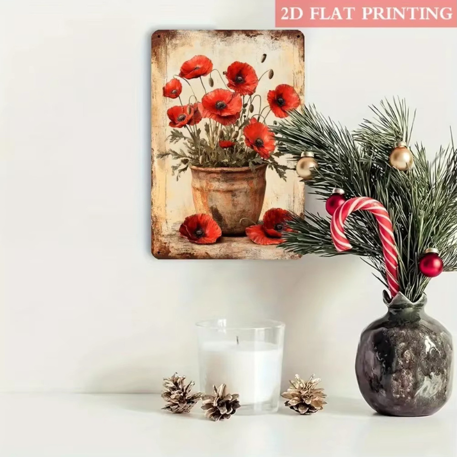 Potdemiel Wandkunst Mohnblumen aus Metall in Rot und Orange, Rustikales Vintage Blumenschild im Bauernhaus-Stil, Breite: 20,3 cm, Höhe: 30,5 cm - Bild 3