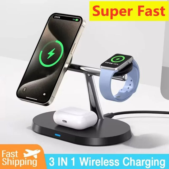 VIKEFON 3-in-1 Magnetische Kabellose Ladestation für iPhone 16-12 Pro, Apple Watch 9/8 und AirPods 3, Schwarz - Bild 1