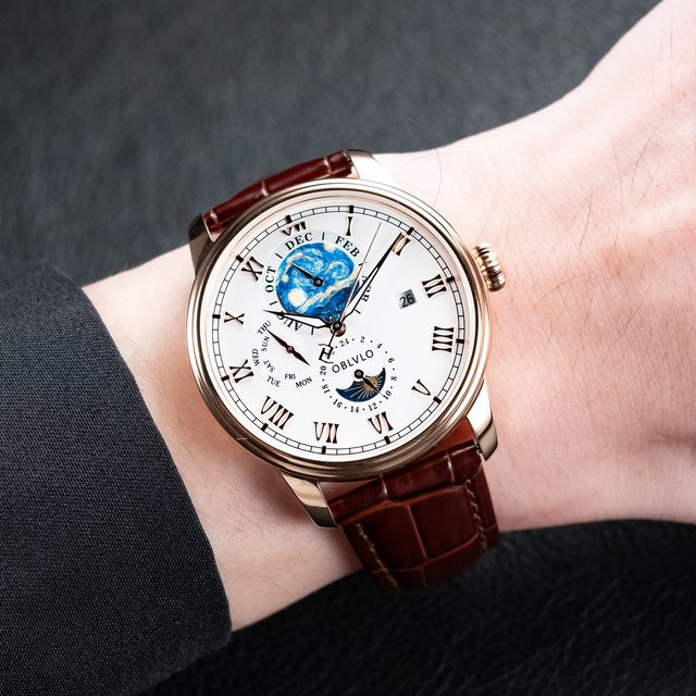 OBLVLO Automatik-Armbanduhr, Leder, Weiß, Herren - Bild 1