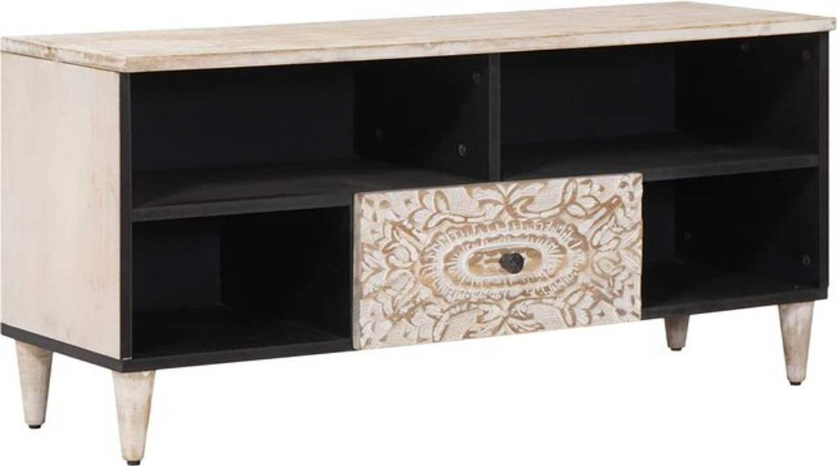 vidaXL TV-Schrank aus Massivholz Mango in Weiß mit Regal, Modernes Design, B/T/H: 100 x 33,5 x 46 cm - Bild 1