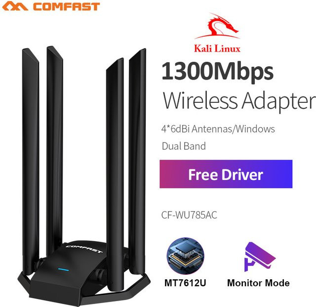 Comfast Free-Drive Dualband WLAN-Adapter mit 1300 MBit/s, Micro USB 3.0 Wireless-Netzwerkkarte, 4 x 6dBi-Antennen, Schwarz - Bild 1