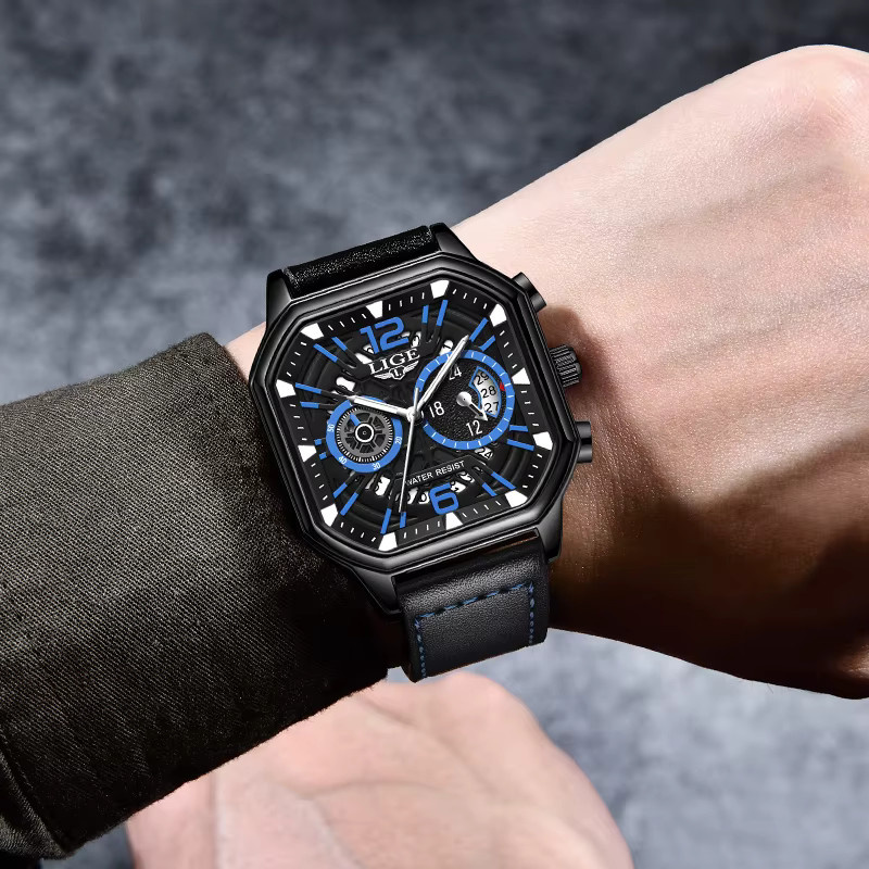LIGE Chronograph Armbanduhr, Quarz, Leder, Black blue, Herren - Bild 4