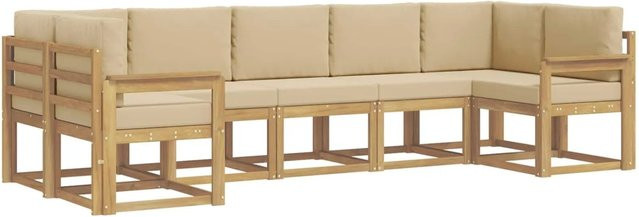 vidaXL Outdoor-Sofagarnitur aus Akazienholz in L-Form mit Kissen, 7-teilig, Weiß und Beige - Bild 1