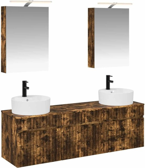 vidaXL Badezimmerschrank-Set 5-teilig in Geräucherte Eiche, modern, mit LED-Beleuchtung und Spiegelschrank, B/T/H: 50 x 14,5 x 70 cm - Bild 1