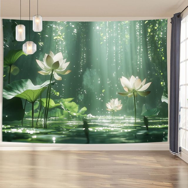 3D Lotus Wandteppich von JMG Household Supplies in Grün, botanisches Design aus Polyestergewebe, Breite: 150 cm, Höhe: 100 cm - Bild 1