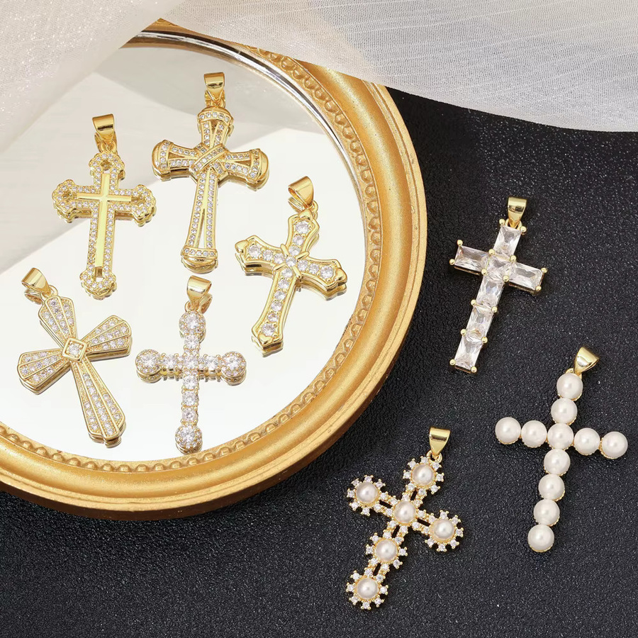 Juya Charms, Kreuz, 18 Karat vergoldet, Messing, Zirkonia, Unisex - Bild 3