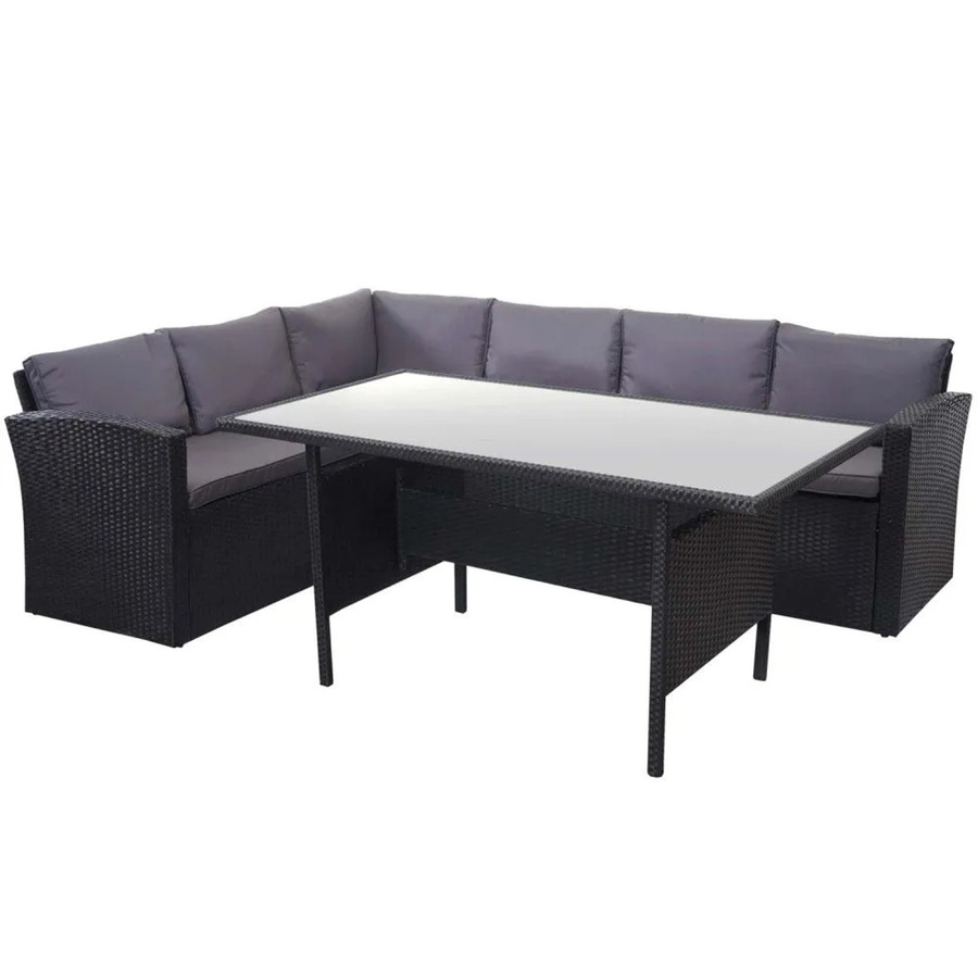 MCW Poly-Rattan Gartengarnitur A29 Lounge-Esstisch-Set in Schwarz mit dunkelgrauen Kissen - Bild 3