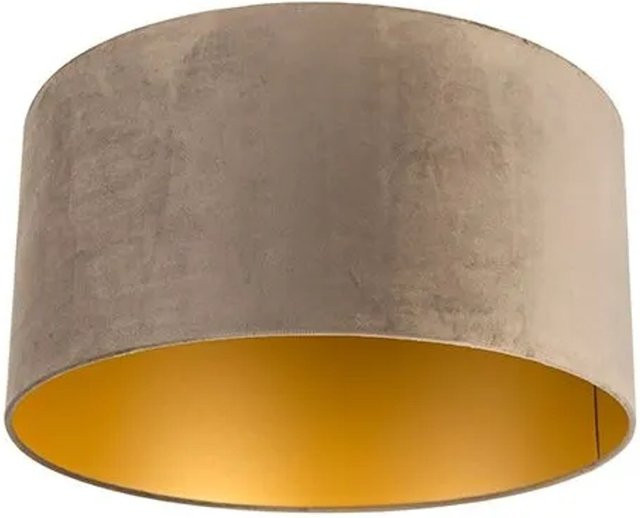 QAZQA Samt Lampenschirm in Taupe mit goldener Innenseite, Zylinderform für E27, Durchmesser: 50 cm, Höhe: 25 cm - Bild 1