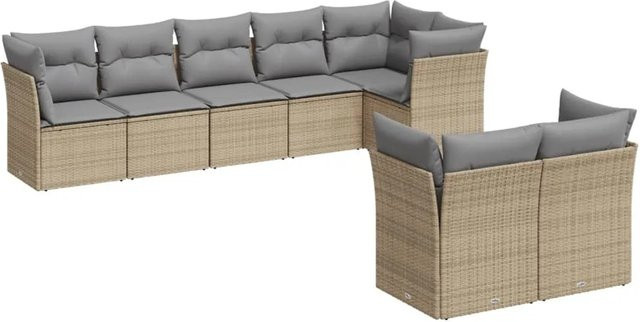 vidaXL 8-tlg Garten-Sofagarnitur in L-Form aus Poly Rattan und pulverbeschichtetem Stahl mit Kissen in Beige - Bild 1