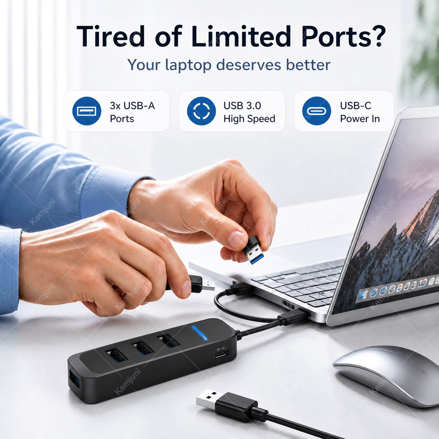Kemjuni USB 3.0 Hub mit 4 Anschlüssen und 5m Verlängerungskabel in Schwarz für Laptop, PC und Notebook - Bild 2