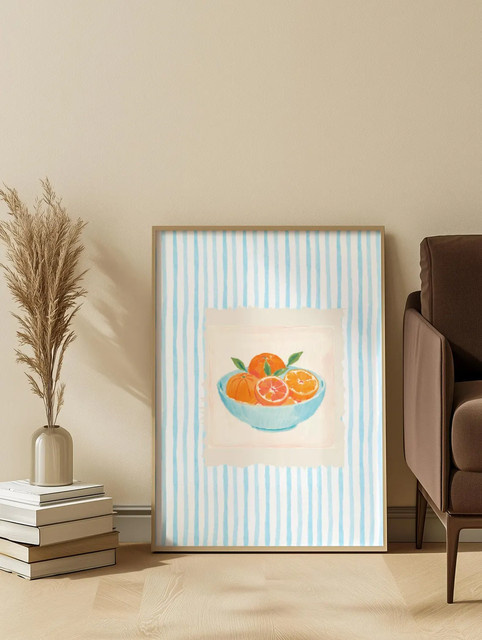 Serene Citrus Still Life Wandkunst von SHENCHEN – Moderner Aquarelldruck als Paper Poster in Orange, Blau und Multicolour - Bild 1