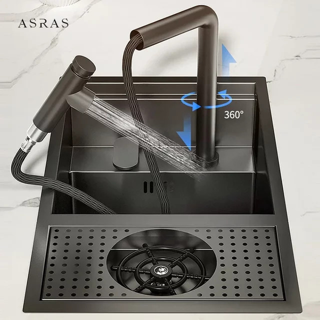 ASRAS Nano Black Kleine Küchenspüle mit Tassenwascher und Hebewasserhahn - Bild 1