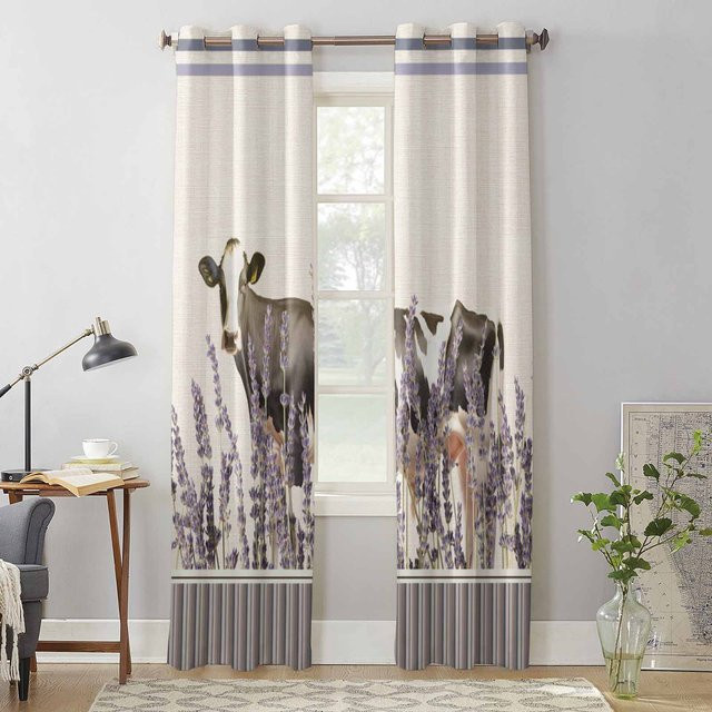 Binchi Vorhang mit Bauernhof-Kühe und Lavendel-Motiv in Weiß, halbtransparent, Breite: 135 cm, Höhe: 60 cm - Bild 1