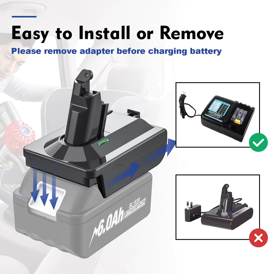 Powtree Akku-Adapter für Makita, Dewalt und Milwaukee 18V Lithium-Akkus zur Nutzung mit Dyson V6, V7 und V8 Staubsaugern, Farbe: Schwarz - Bild 4