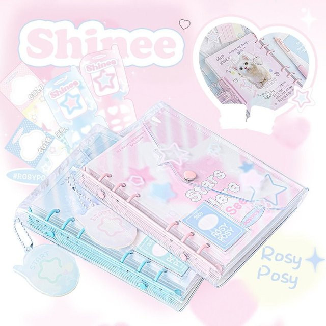 Sterne Binder Notebook Journal mit PVC Cover in Pink und Multicolour, A6 Tagebuch für lose Blätter und Fotokarten im Kawaii Design - Bild 1