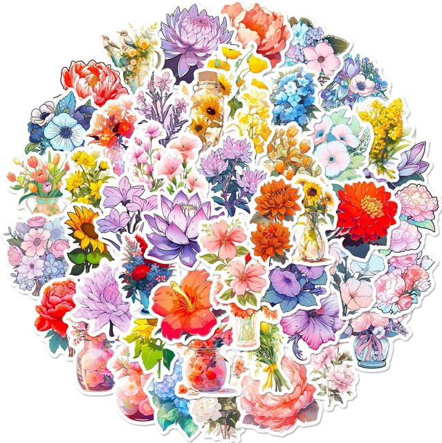 50 Cartoon Blumen und Pflanzen Aufkleber Set Multicolour für Handarbeit und Bastelarbeiten - Bild 1