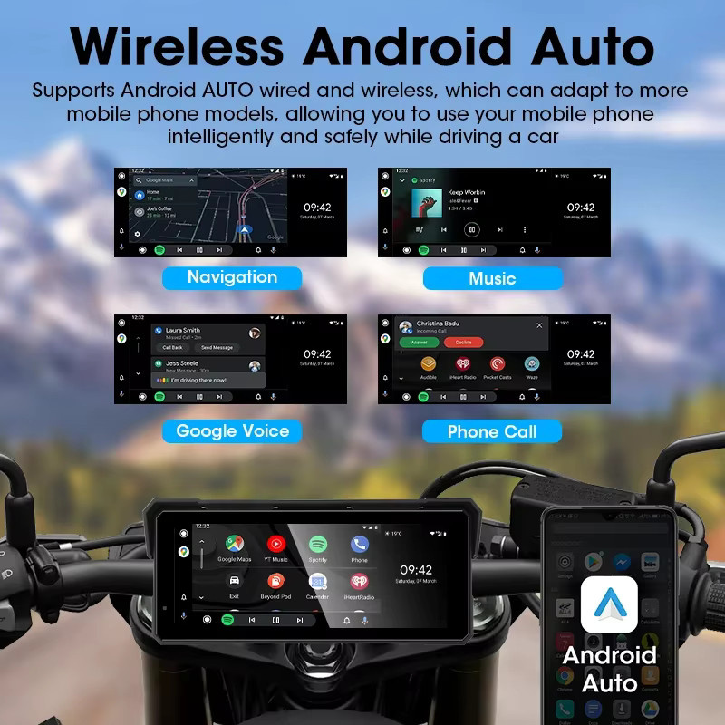 srnubi Motorrad Multimedia Player mit drahtlosem CarPlay, Android Auto, GPS Navigation und Recorder, IPX7 wasserdicht, Bluetooth Touchscreen, Schwarz - Bild 1