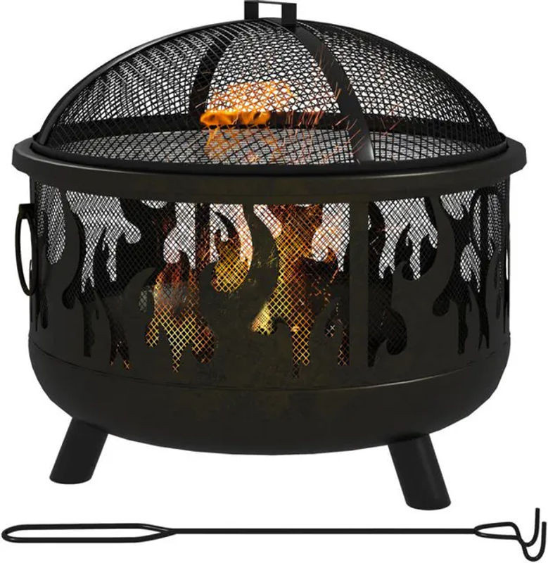 Outsunny Feuerschale aus Metall in Schwarz mit Funkenschutz, Schürhaken und Grillrost für Garten, Balkon und Camping, Durchmesser: 61 cm, Höhe: 55 cm - Bild 1