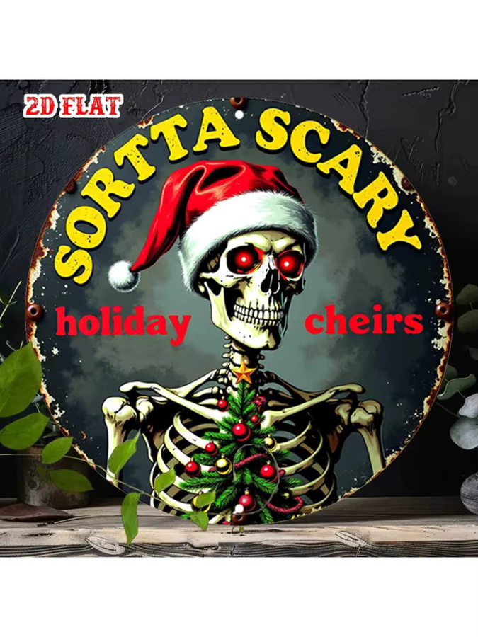 Potdemiel Metall-Wanddekoration Horror-Weihnachtsmann-Skelett in Rot, Retro-Gothic Wandschild für Halloween und Weihnachten - Bild 6