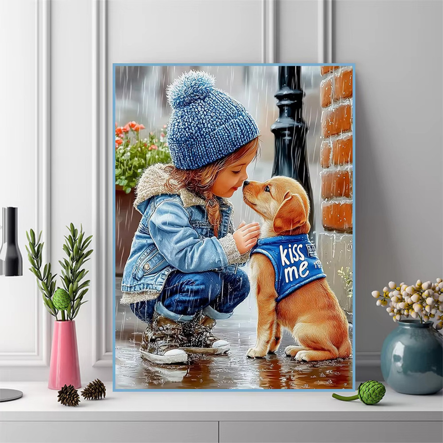 Momoart Diamantmalerei Mädchen Porträt mit Hund DIY Acryl Mosaik Set zur Dekoration, Mehrfarbig, B/H: 30 x 20 cm - Bild 3