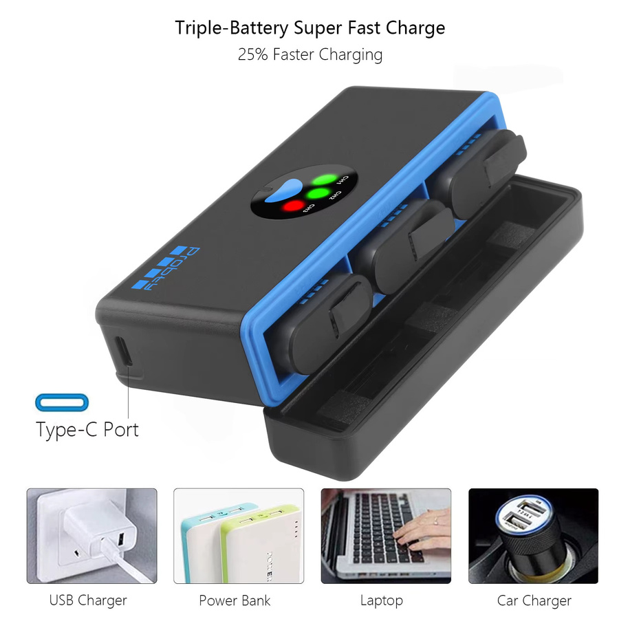 Probty Endurance 2280mAh Akku und 3-Slot-Ladegerät Set für GoPro Hero 13 Black in Schwarz - Bild 4