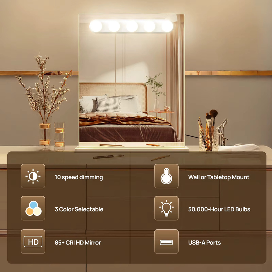 IEEYEEY LED Make-up-Spiegel mit USB-Anschluss, dimmbarer Helligkeit und einstellbarer Farbtemperatur, Weiß, Tischmodell - Bild 2
