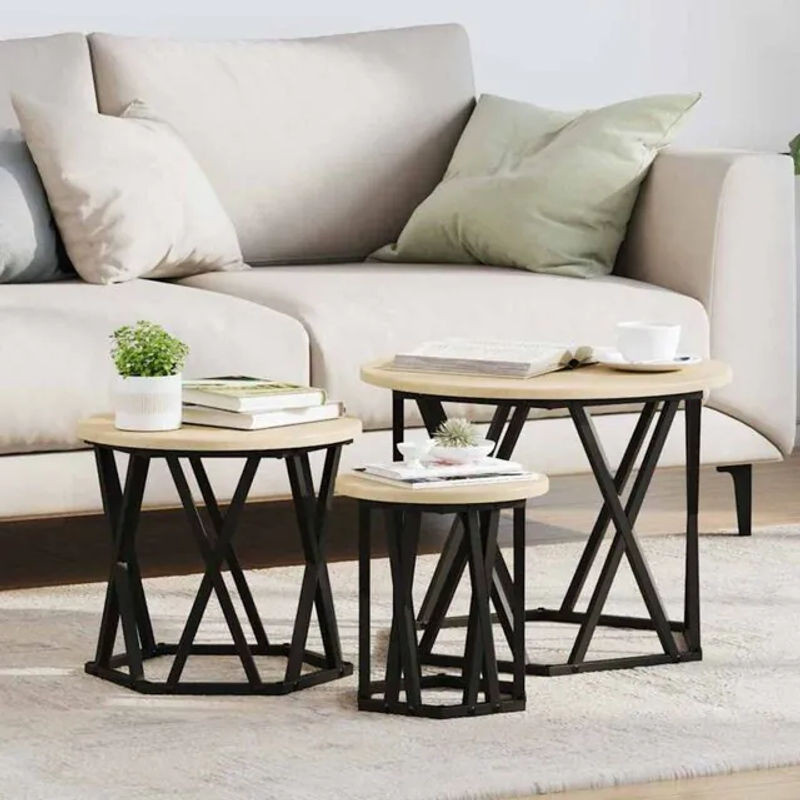 Vidaxl Satztisch Nesting Beistelltisch 3er Set im Industrial Design aus Holzwerkstoff und Stahl, Eiche Natur und Schwarz, B/T/H: 53 x 53 x 40 cm - Bild 1